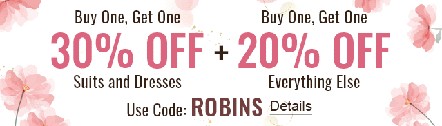 New Spring Sale! Buy One, Get One 30% off Suits and Dresses. Plus, Buy One, Get One 20% off Everything Else. Use code: ROBINS. Expires 3/25/2023, 11:59 PM PST.