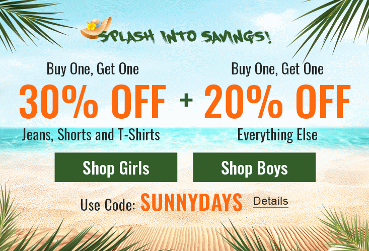 Splash Into Savings! Buy One, Get One 30% Off Jeans, Shorts, and T-Shirts plus Buy One, Get One 20% Off Everything Else. Use code: SUNNYDAYS. Expires 6/12/2023, 11:59 PM PST.