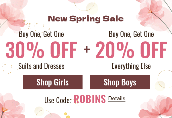 New Spring Sale! Buy One, Get One 30% off Suits and Dresses. Plus, Buy One, Get One 20% off Everything Else. Use code: ROBINS. Expires 3/25/2023, 11:59 PM PST.
