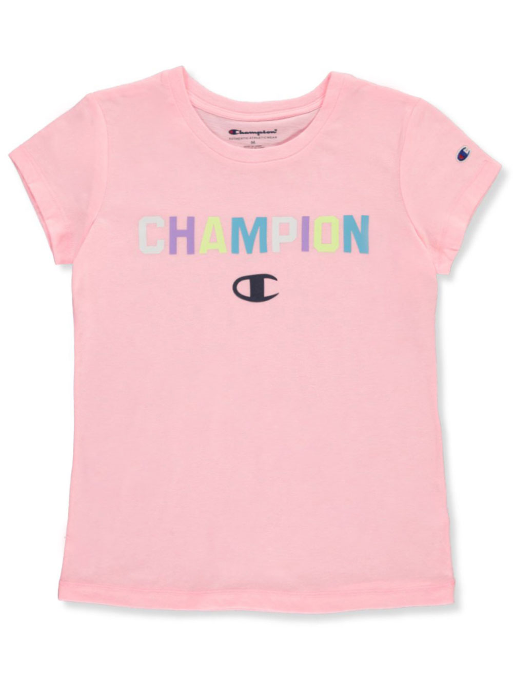 pink and white champion shirt