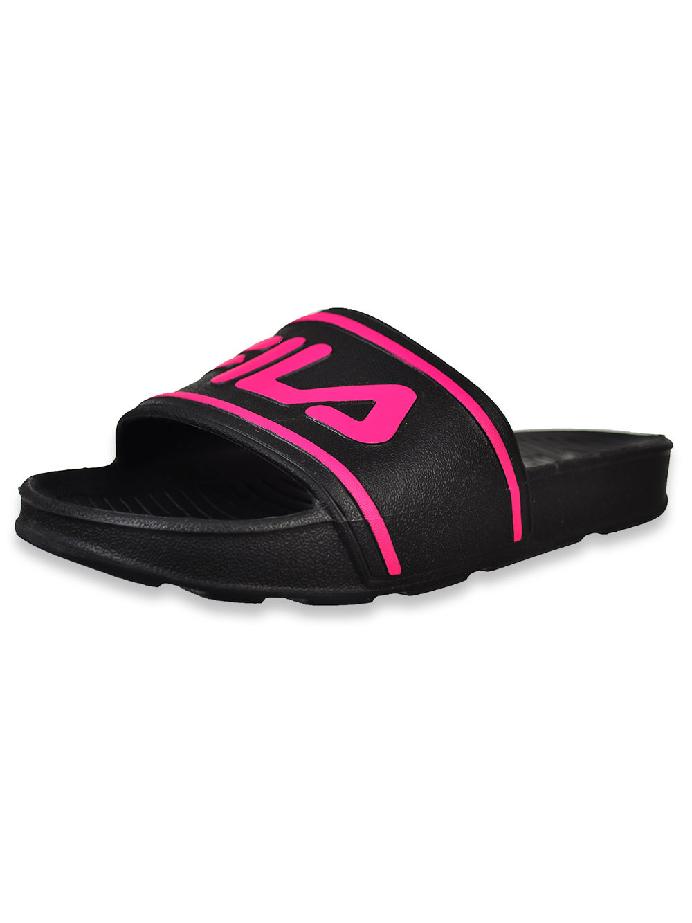 black and pink fila slides