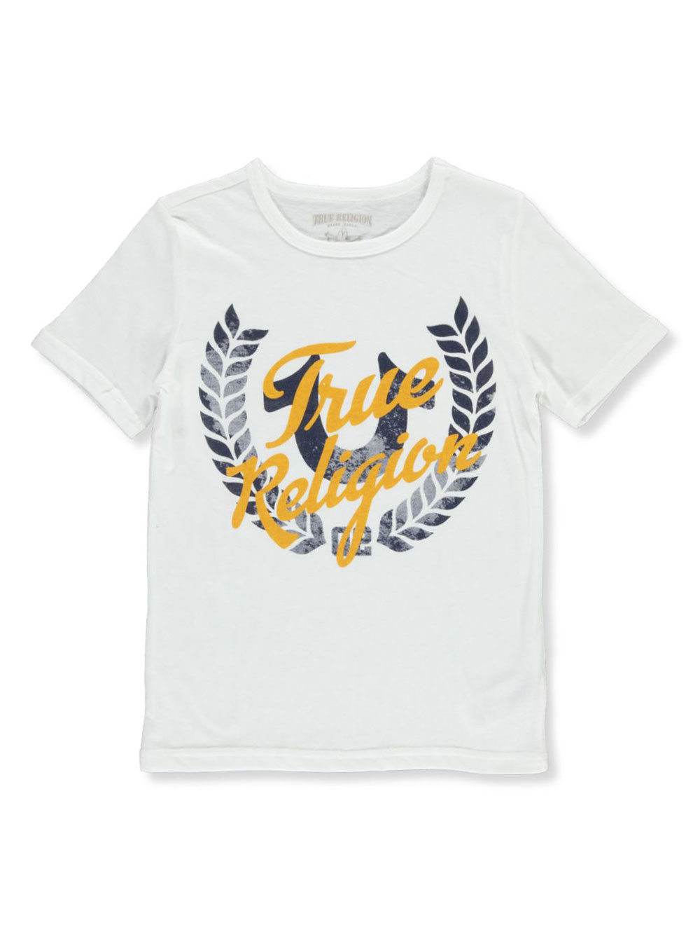 white and orange true religion shirt