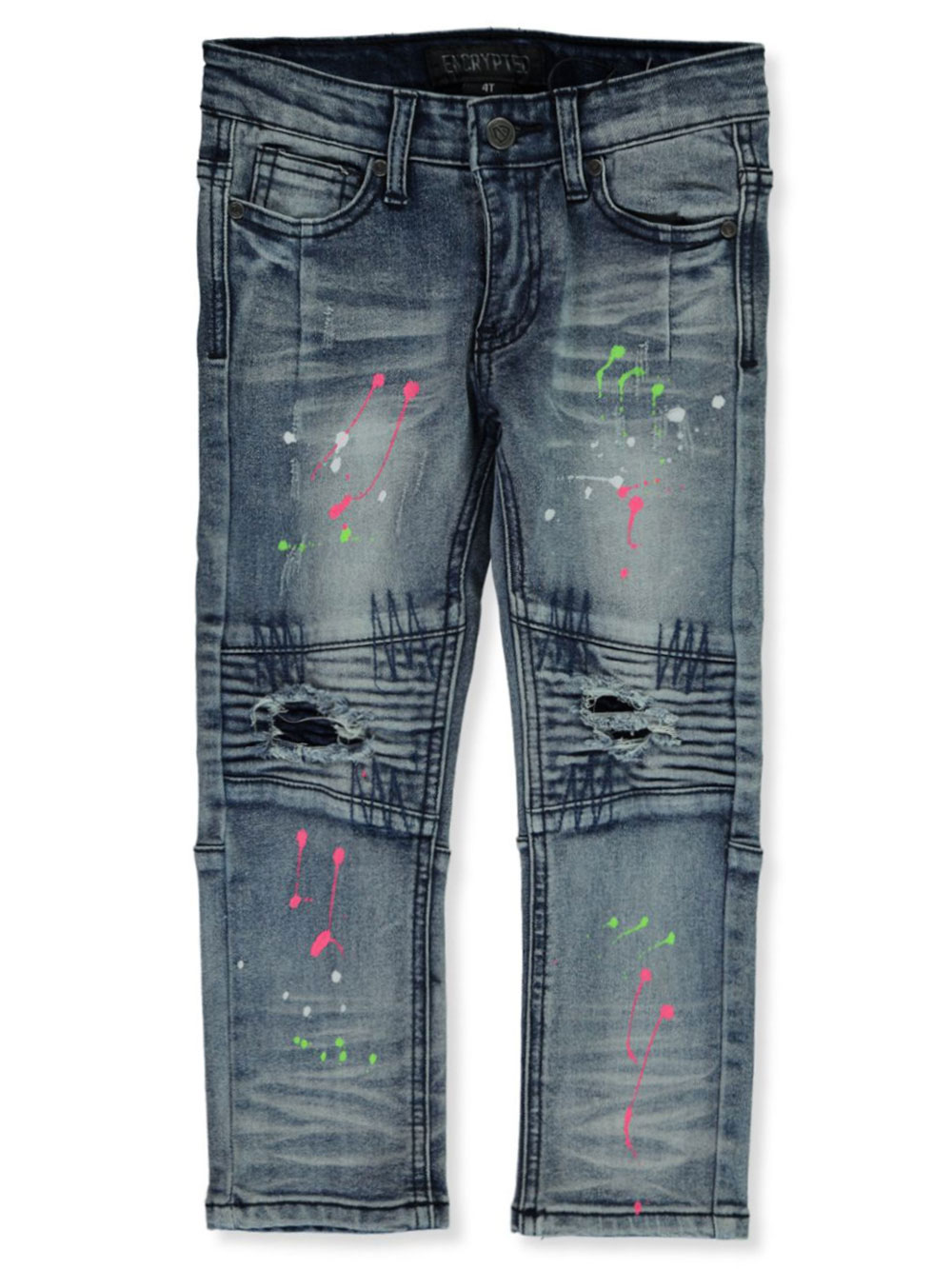 Encrypted Boys Moto Distressed Paint Slim Jeans