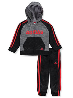 Girls' 2-Piece Sweatsuit Outfit by Adidas in charcoal gray and dark gray