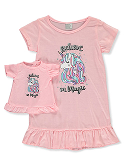 Magic Unicorn Nightgown With Doll Outfit by BFF & Me in light pink and navy