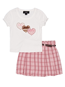 Amy Byer Girls' Heart Appliqué Tee and Plaid Skirt with Belt Set