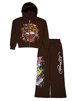 Ed Hardy Girls' Floral Tiger Fleece Zip-Up Graphic Hoodie and Pant Set
