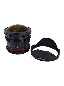 Cine SYHD8MV-NEX HD 8mm t/3.8 Fisheye Lens with De-Clicked Aperture and Removable Hood 8-8mm by Samyang in Black
