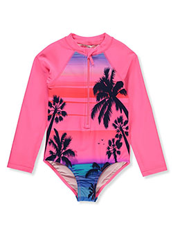 Tropical Sunset 1-Piece Rash Guard Swimsuit by Limited Too in Coral, Girls Fashion