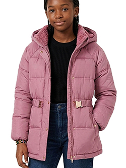 Girls' Belted Puffer Coat with Faux Fur Lining