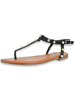 Girls' Pearl-Strap Flat Sandals by Petalia in Black, Shoes