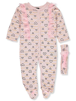 Girls 2-Piece Headband & Footed Coveralls Set by Bebe in Pink