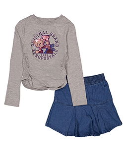 Aeropostale Girls' 1987 Bear Long Sleeve Tee and Denim Skort Set