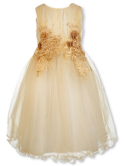 Gathered Tulle & Brocade Dress by Pink Butterfly in Champagne, Girls Fashion