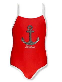 Girls' Flip Sequin Anchor 1-Piece Swimsuit by Nautica in Red