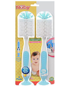 Baby 2-Pack 2-In-1 Bottle Brushes With Suction Base by Nuby in blue, green, mint and pink