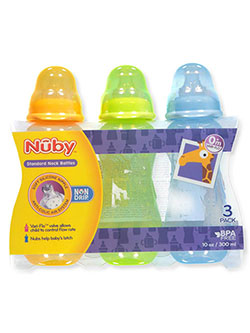 3-Pack Bottles by Nuby in blue/orange/lime, purple/pink/blue and red/lime/blue