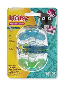 Baby 2-Pack Large Pacifiers & Pacifinder Pacifier Clip by Nuby in blue/green, blue/yellow and purple/pink