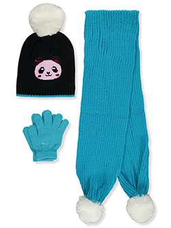 Girls' Flip Sequin Panda 3-Piece Winter Accessories Set by R. Glove in royal blue/pink and turquoise/black