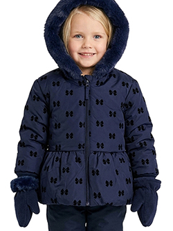 Girls' Bow Pattern Puffer Jacket with Fur Hood