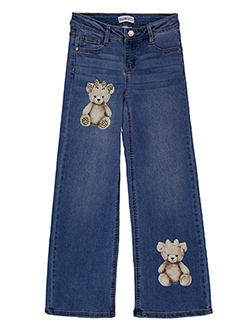 Blue Spice Girls' Wide-Leg Rhinestone Teddy Bear Embroidered Jeans