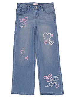 Squeeze Girls' Wide Leg Jeans with Heart and Bow Embroidery