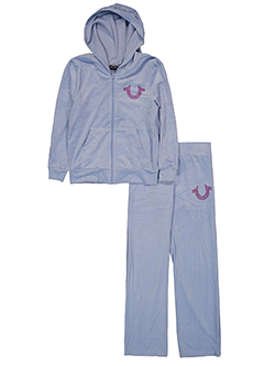 True Religion Girls' 2-Piece Velour Full-Zip Hoodie & Sweatpants Rhinestone Horseshoe Logo Set