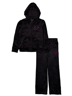 True Religion Girls' 2-Piece Velour Full-Zip Hoodie & Sweatpants Rhinestone Horseshoe Logo Set