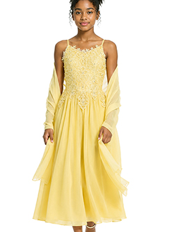 Yellow Chiffon Dress with Beaded Bodice and Shawl