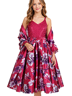 Pink Butterfly Floral Sequin Party Dress and Shawl