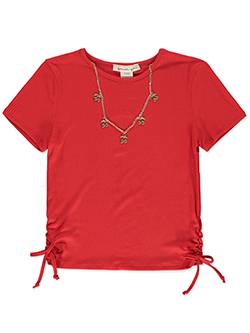 Forever Girl Girls' Ribbed Knit Tee with Side Ruching and Necklace