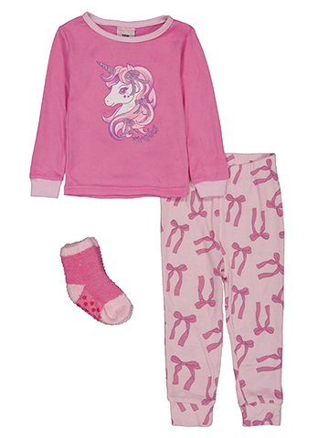 Mon Petite Baby Girls' 3-Piece Unicorn and Ribbon Print Pajama Set with Fuzzy Socks - CookiesKids.com