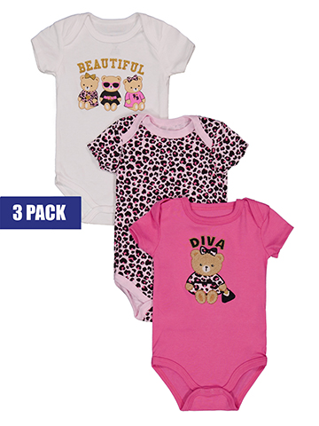 Princess Rose Baby Girls' 3-Pack Teddy Bear Leopard Print Bodysuit Set - CookiesKids.com