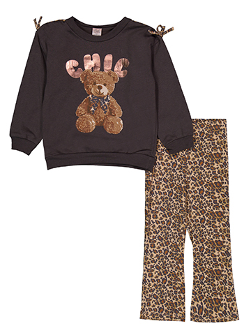 Real Love Girls' Teddy Bear Crew Sweatshirt and Leopard Print Flare Pants Set - CookiesKids.com