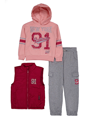 Southpole Girls' Three-Piece New York 91 Zip-Up Vest, Pull Over Hoodie, and Cargo Joggers Set - CookiesKids.com