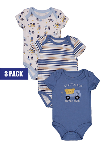 Little & Loved Baby Boys' 3-Pack Short Sleeve Construction Vehicle Print Bodysuits - CookiesKids.com