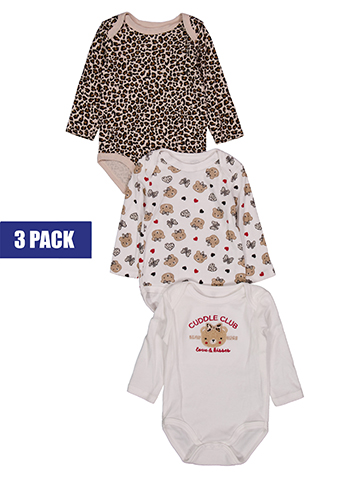 Duck Duck Goose Baby Girls' 3 Pack Long Sleeve Bear and Leopard Print Bodysuit Set - CookiesKids.com