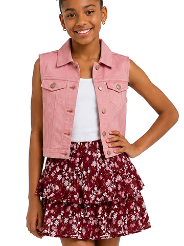 Amy Byer Girls' Denim Vest Floral Tiered Skirt Set - CookiesKids.com
