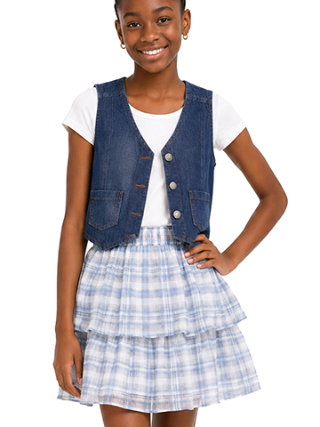 Amy Byer Girls' Denim Vest and Tiered Plaid Skirt Set - CookiesKids.com