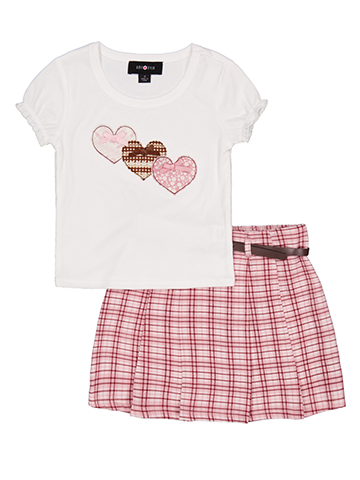 Amy Byer Girls' Heart Appliqué Tee and Plaid Skirt with Belt Set - CookiesKids.com