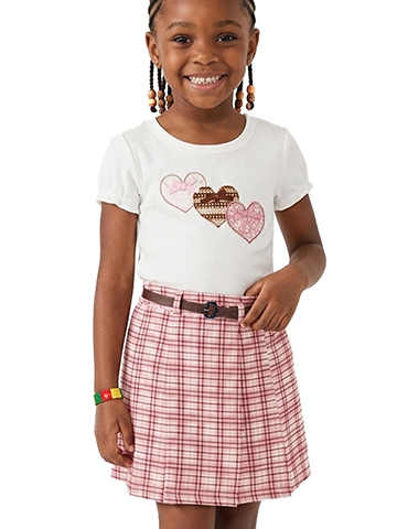 Amy Byer Girls' Heart Appliqué Tee and Plaid Skirt with Belt Set - CookiesKids.com