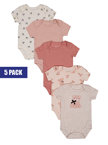 Rene Rofe Baby Girls' 5-Pack Short-Sleeve Button-Up Bodysuits Set - CookiesKids.com