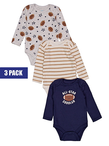 Baby Views Baby Boys' 3-Pack Long Sleeve Button-Up Football Print Bodysuits Set - CookiesKids.com