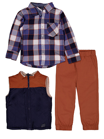 Ben Sherman Boys' 3-Piece Plaid Button Up Shirt, Full-Zip Sherpa Vest, and Jogger Set - CookiesKids.com