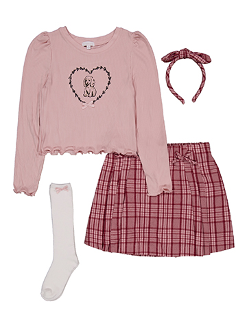 Btween Girls' 4-Piece Puppy Heart Top and Plaid Skort Set - CookiesKids.com