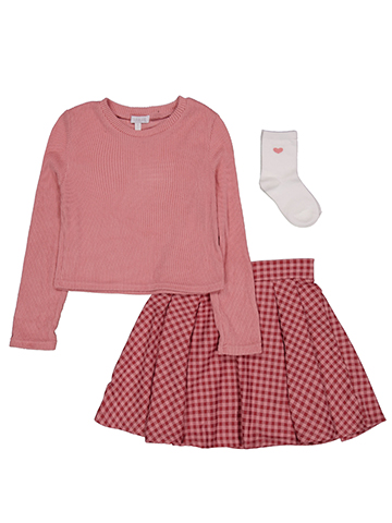 Btween Girls' 3-Piece Long Sleeve Ribbed Top, Gingham Skirt, and Socks Set - CookiesKids.com