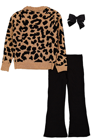 Btween Girls' Chenille Leopard Print Sweater with Ribbed Knit Flare Leggings Set - CookiesKids.com