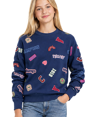 Champion Girls' All Over Patch Print Graphic Crewneck Sweatshirt - CookiesKids.com