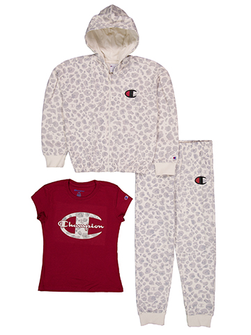 Champion Girls' Three-Piece Leopard Print Zip-Up Hoodie, Joggers, and S/S Tee Set - CookiesKids.com