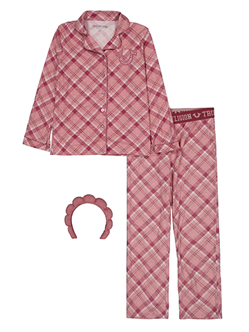 True Religion Girls' Plaid Front Button Pajama Jacket and Sweatpants Set with Decorative Headband - CookiesKids.com